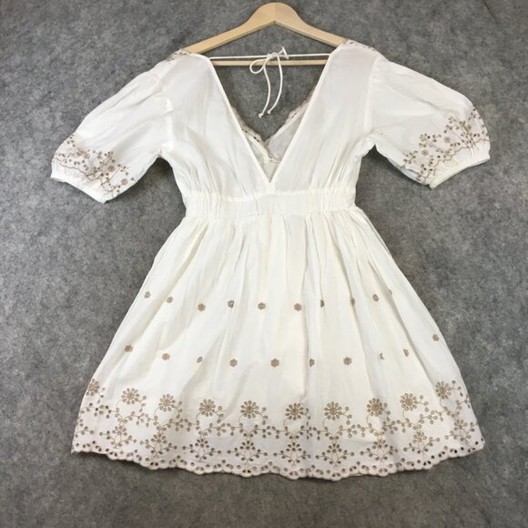 River Island London Dress 12 Cottage Boho Short Sleeve Mini Fit Flare Embroidery - Picture 15 of 16